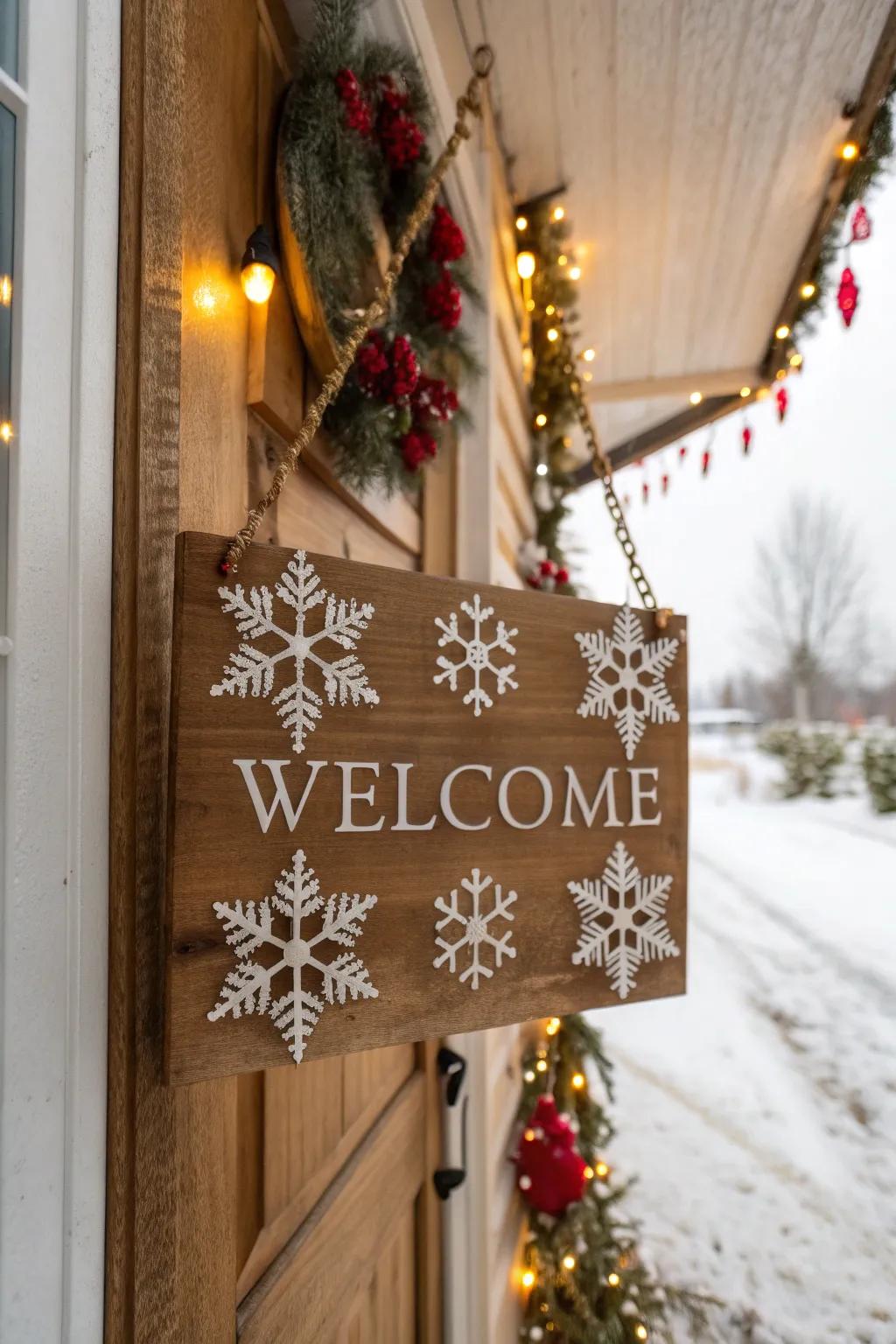 A charming welcome sign adorned with snowflakes.