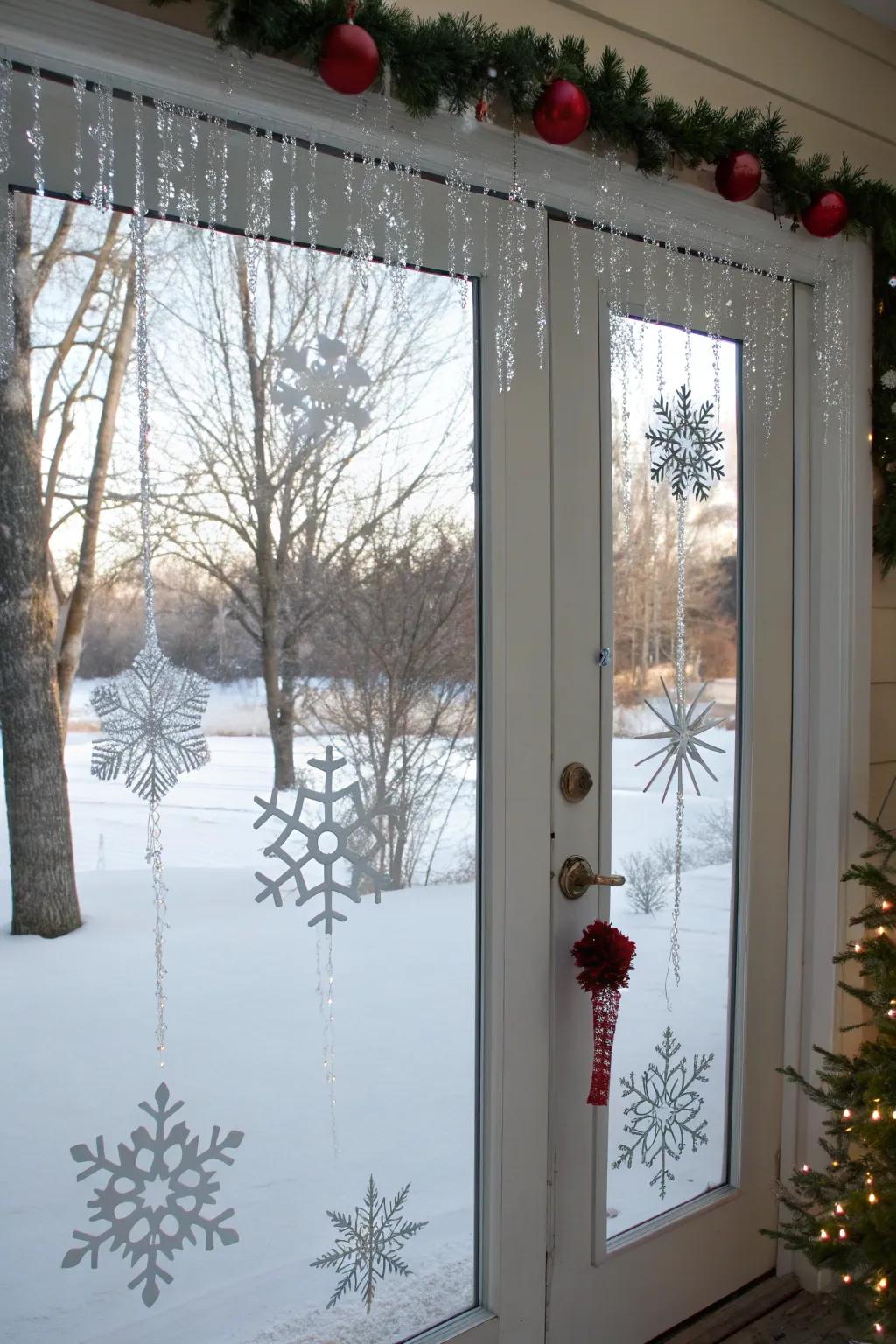 Whimsical frosty window clings add a playful touch.