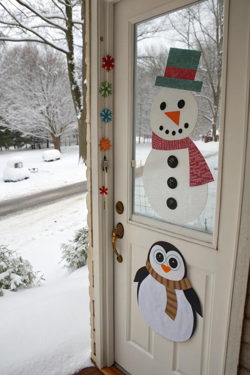 Playful winter character cutouts bring joy.