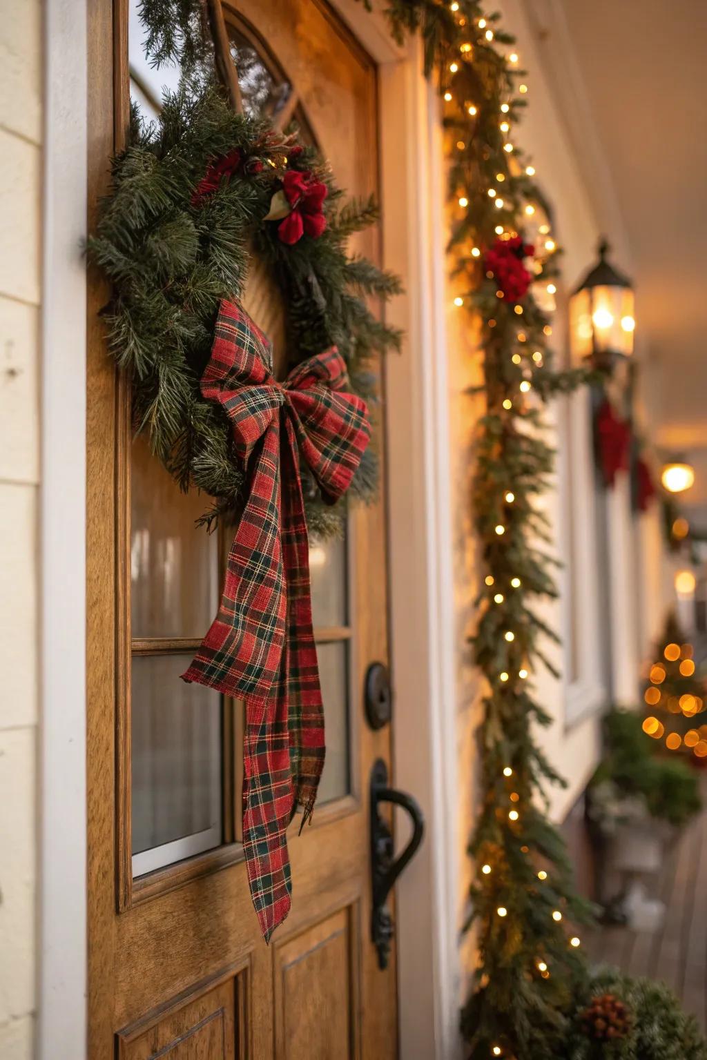 Cozy cabin-like feel with plaid ribbon accents.