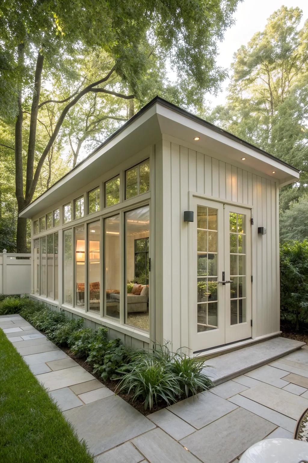 A sleek modern minimalist shed with large windows.