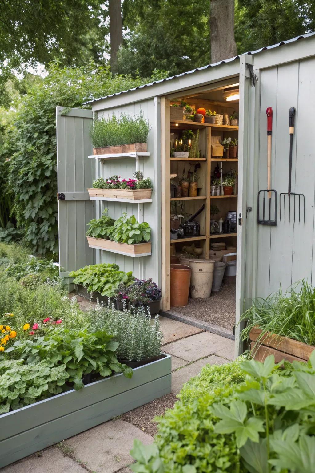 A functional garden shed with planters and organized tools.
