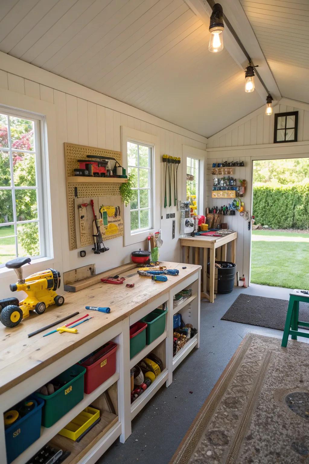 A versatile shed serving as both workspace and play area.
