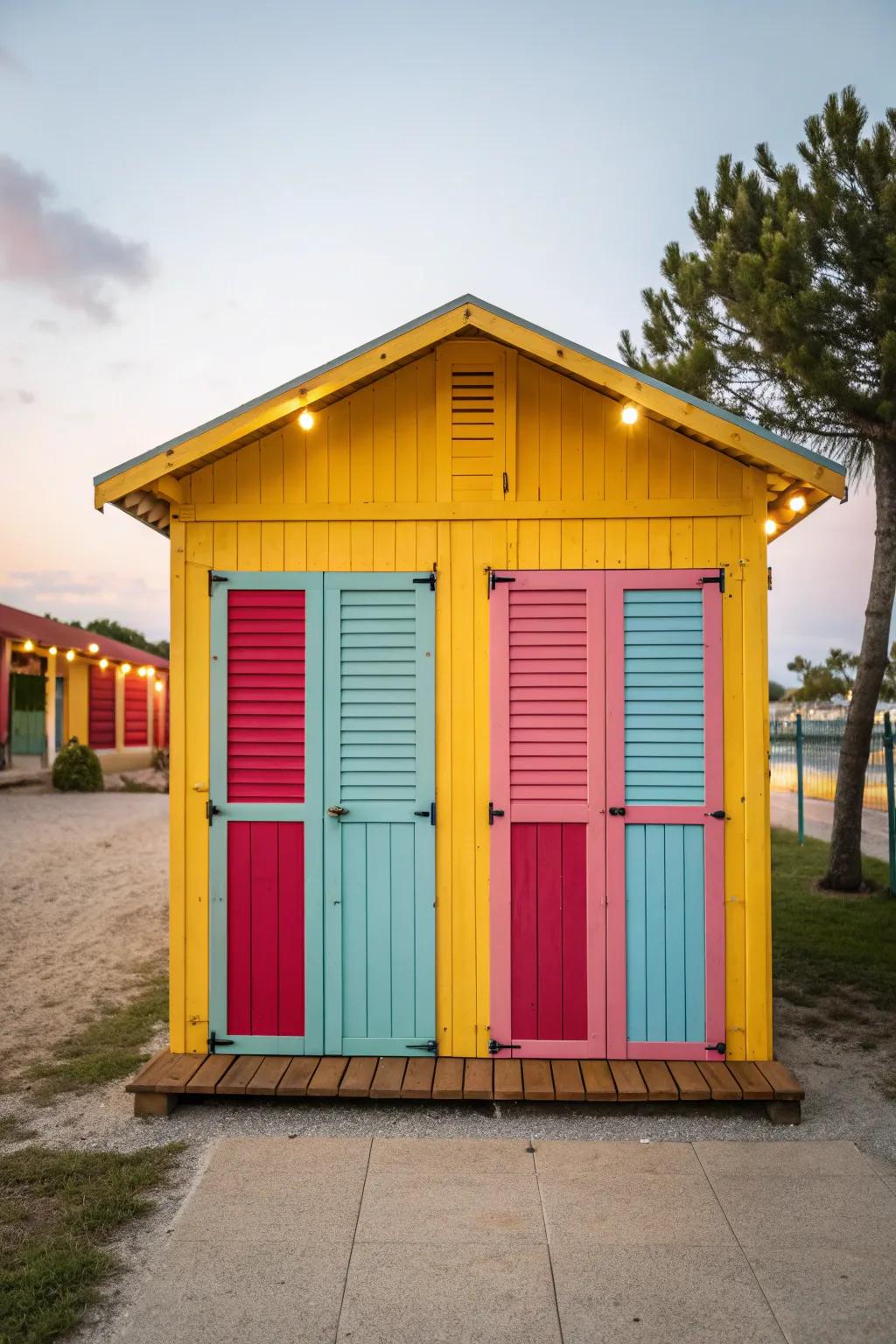 A shed with a pop of bold colors and vibrant shutters.