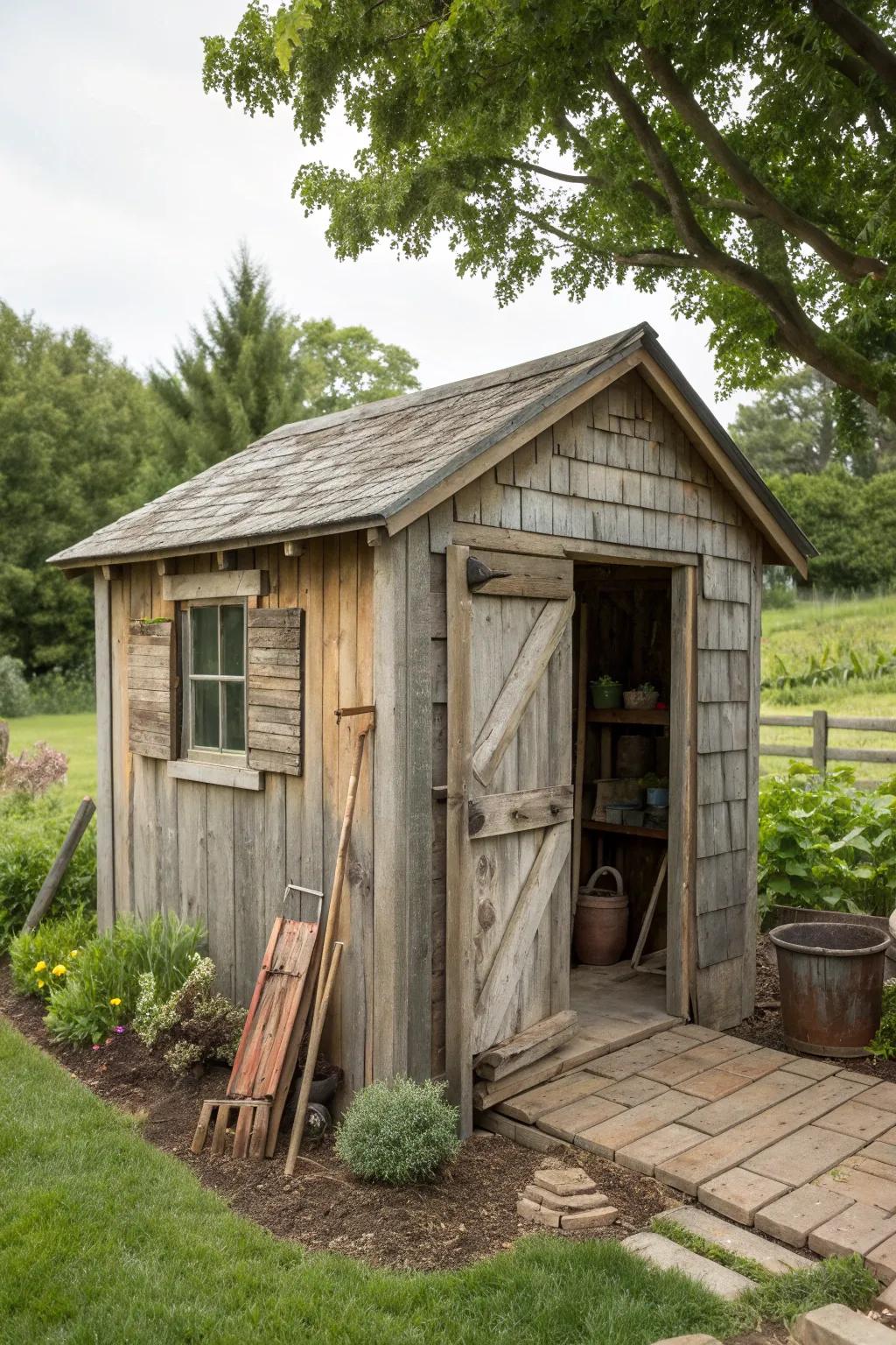 A rustic shed built using sustainable, salvaged materials.