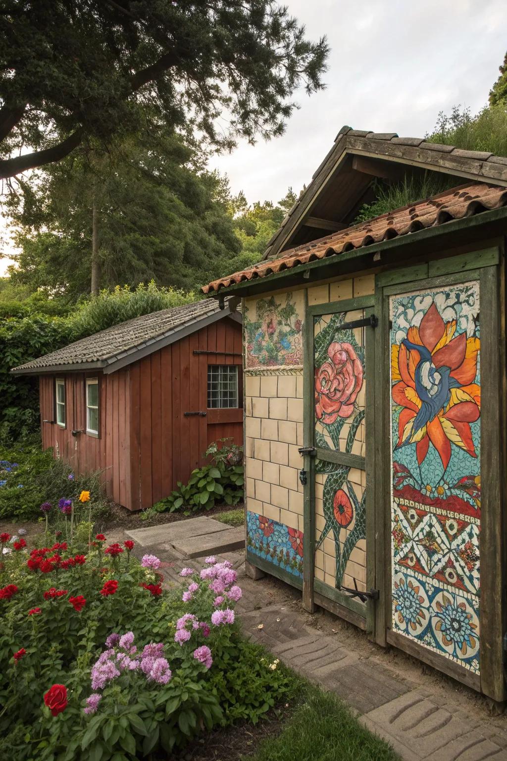 A shed featuring an artistic mural or decorative tiles.