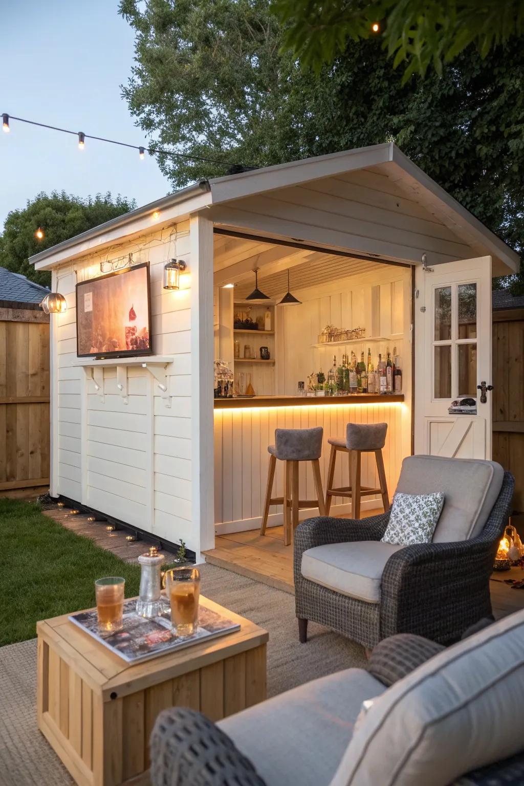 An entertainment hub shed with seating and a bar area.