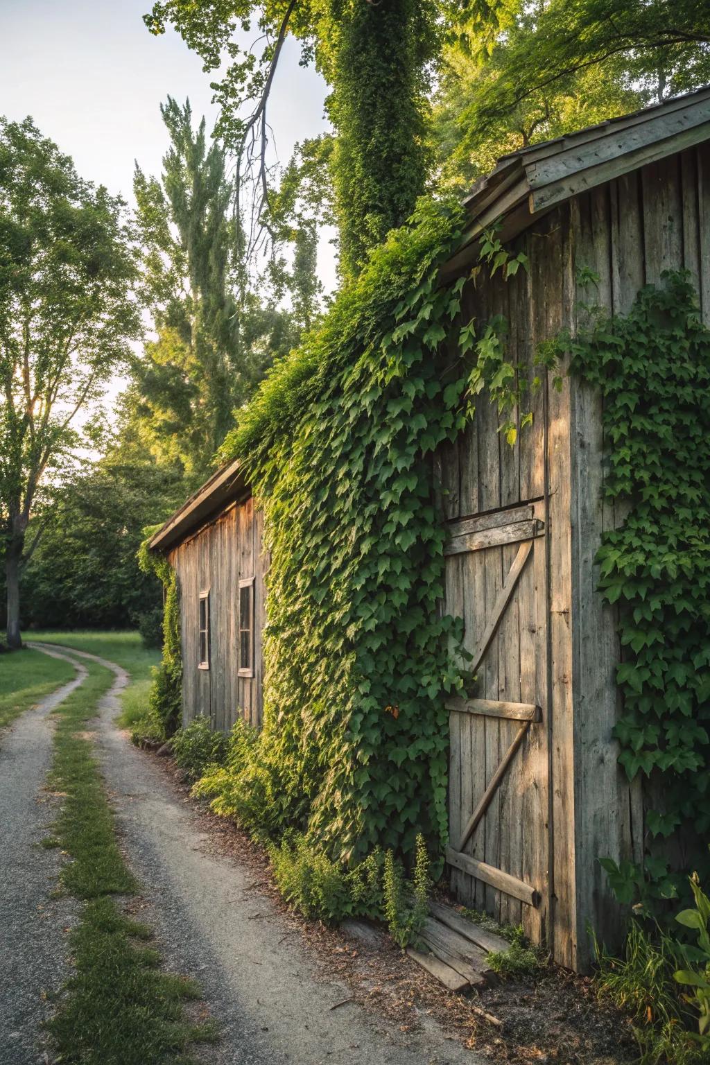 A nature-infused shed with vines growing up the walls.