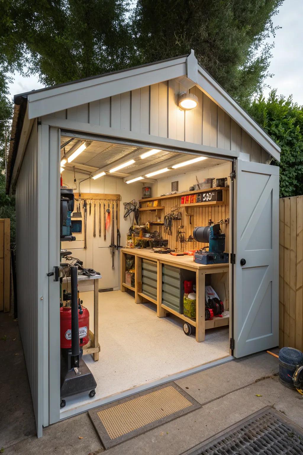 A shed transformed into a DIY workshop with plenty of light.