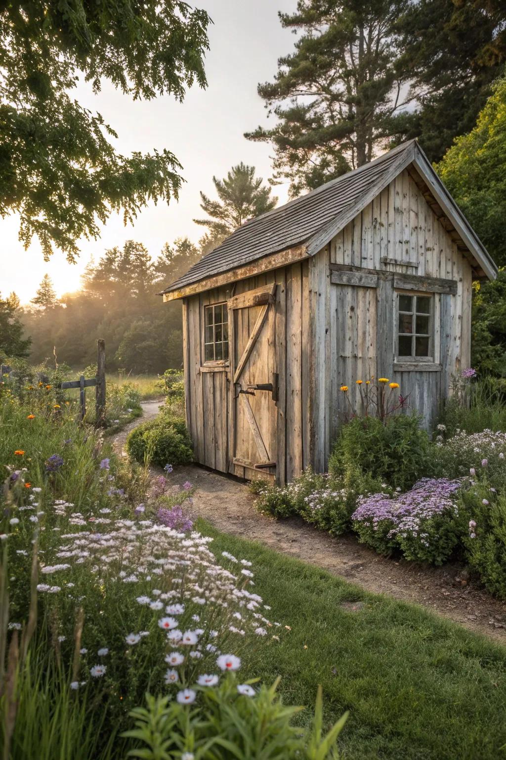 A rustic charm shed with natural wood elements and character.