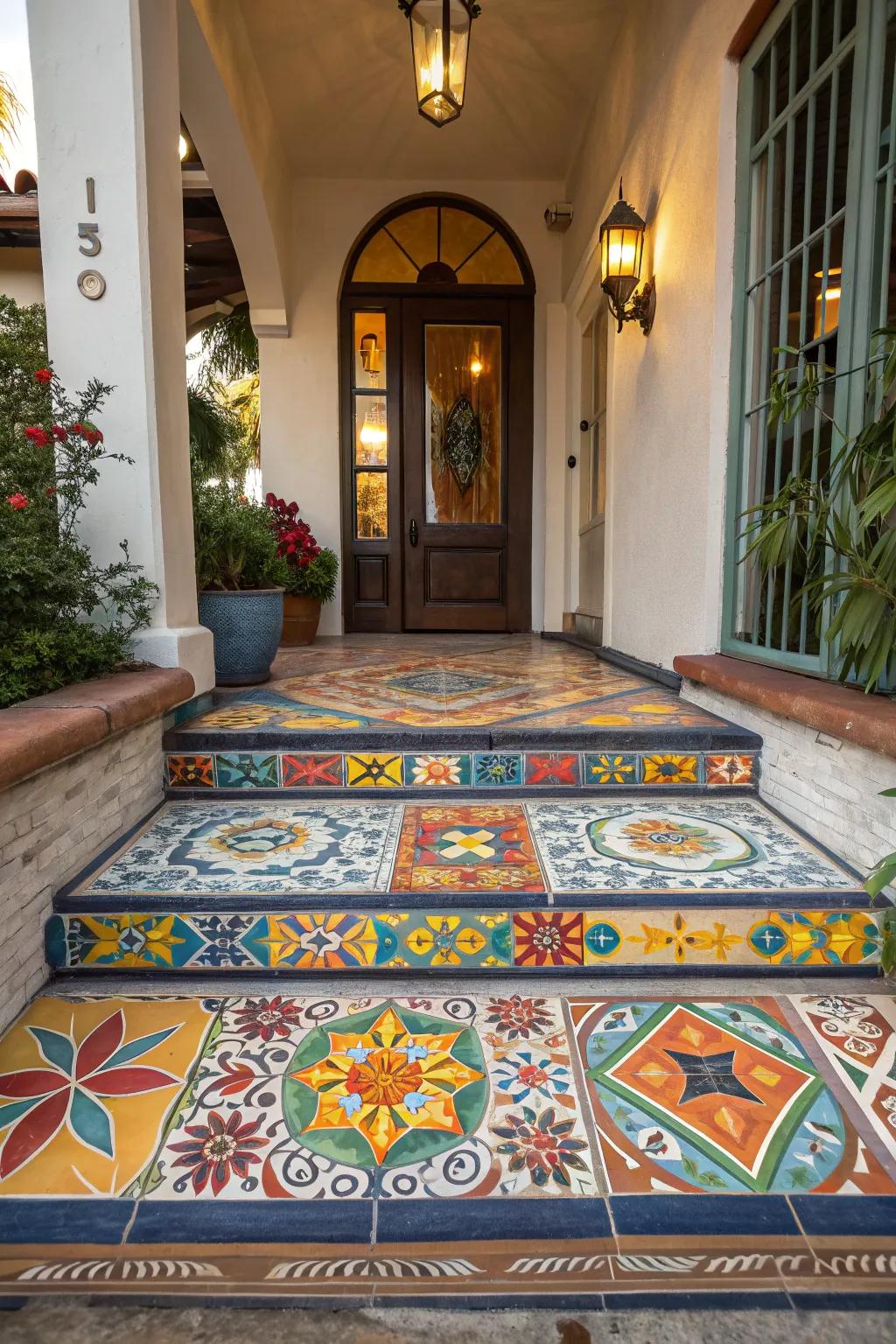 A vibrant and personalized tile design enhancing the entrance