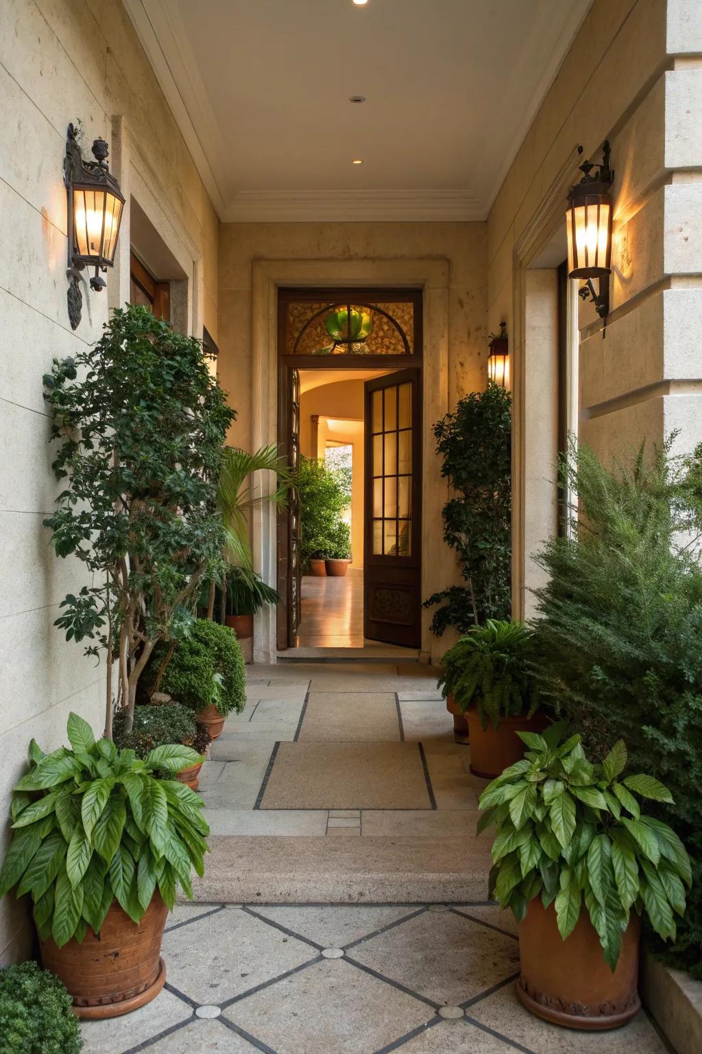 A welcoming entrance adorned with lush potted plants