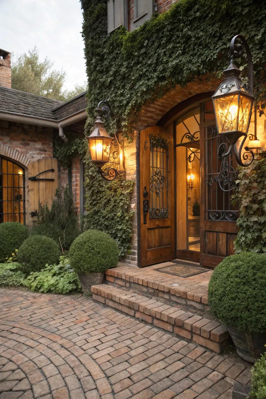 Rustic charm with classic brick pavers at the entrance