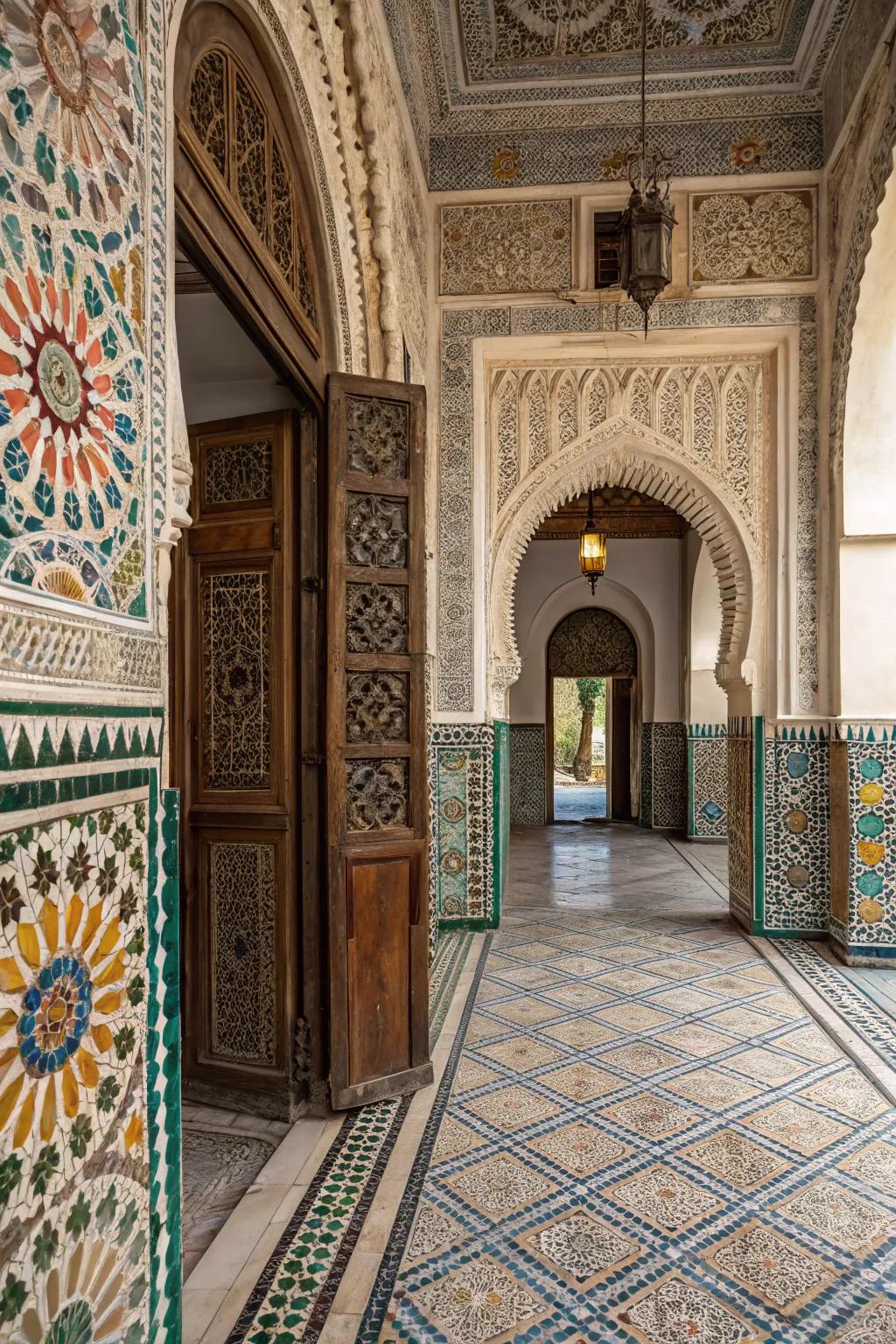 Creative and intricate mosaic tile patterns at the entrance