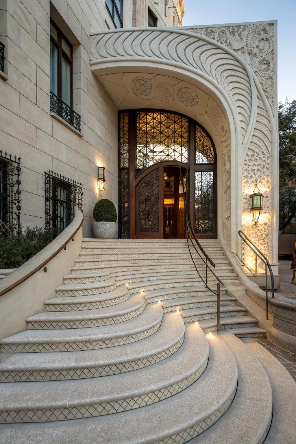 Artistic and unique sculptural steps at the entrance