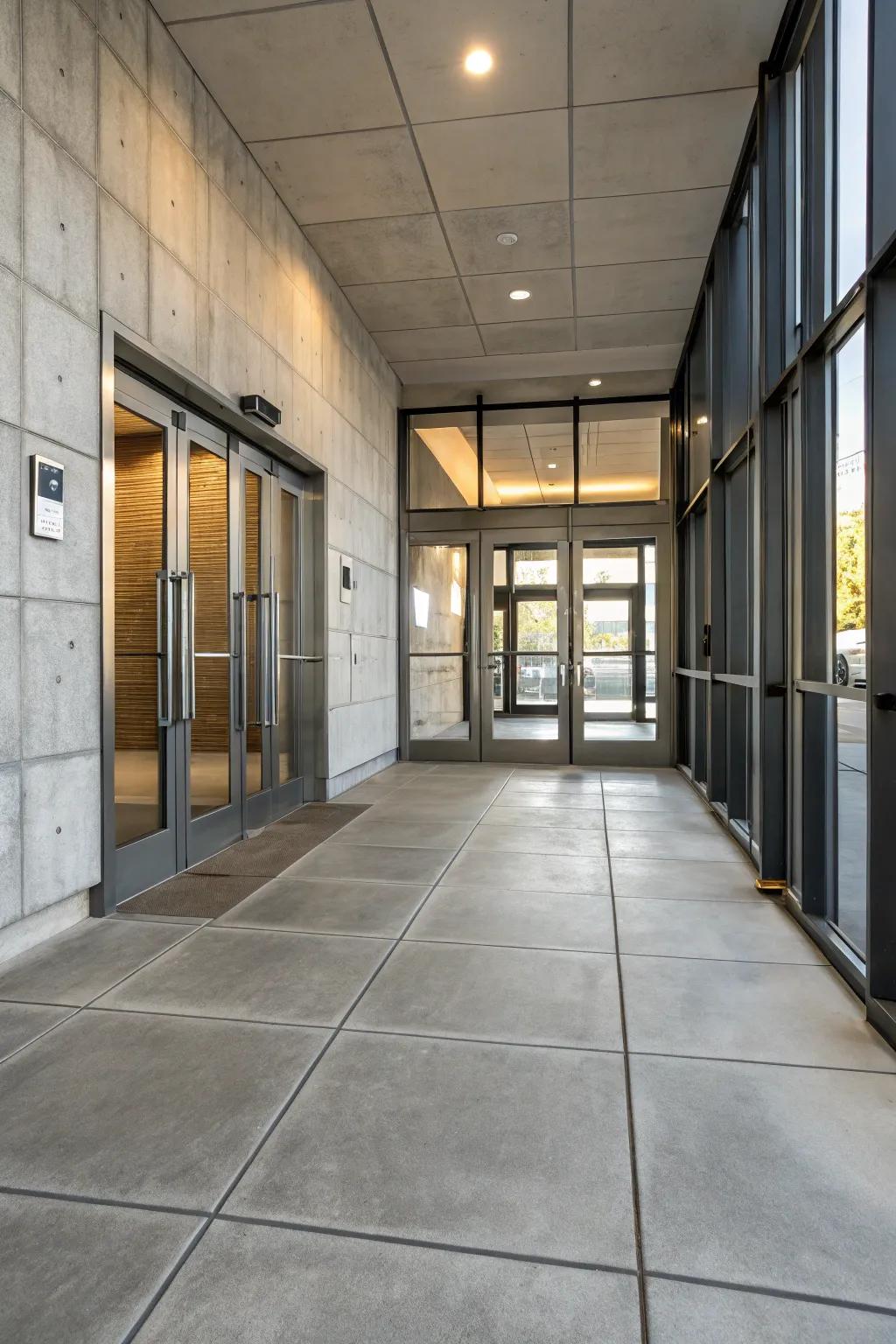 Stylish and durable industrial concrete tiles at the entrance