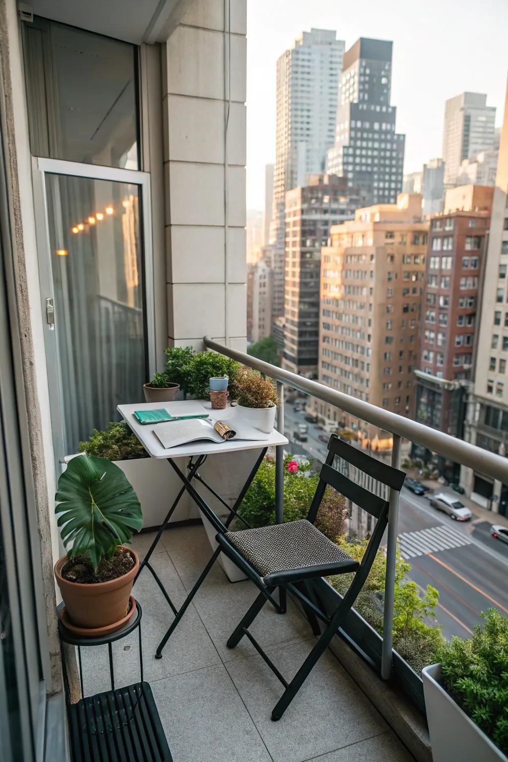 A compact balcony workspace with a view.