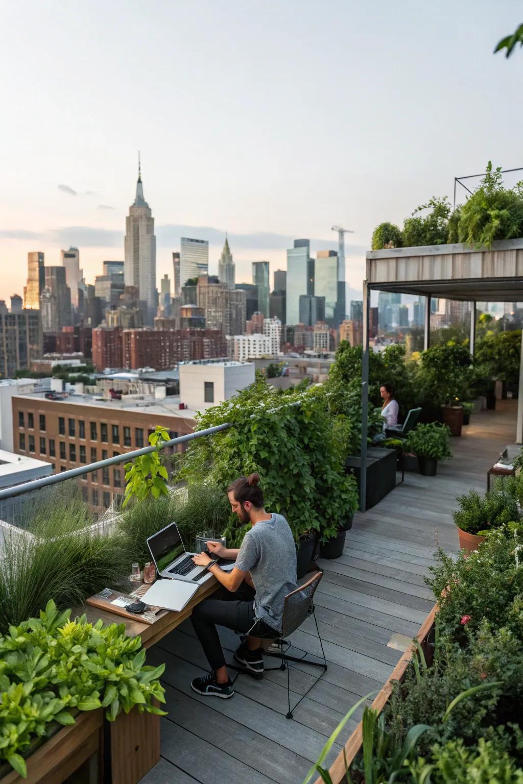 A rooftop workspace for a bird's-eye view of the city.