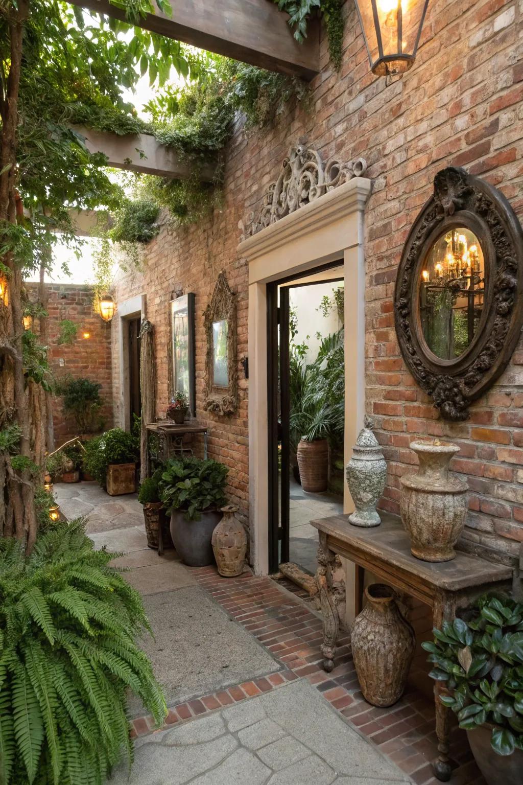Decorative elements enhancing a brick entryway.