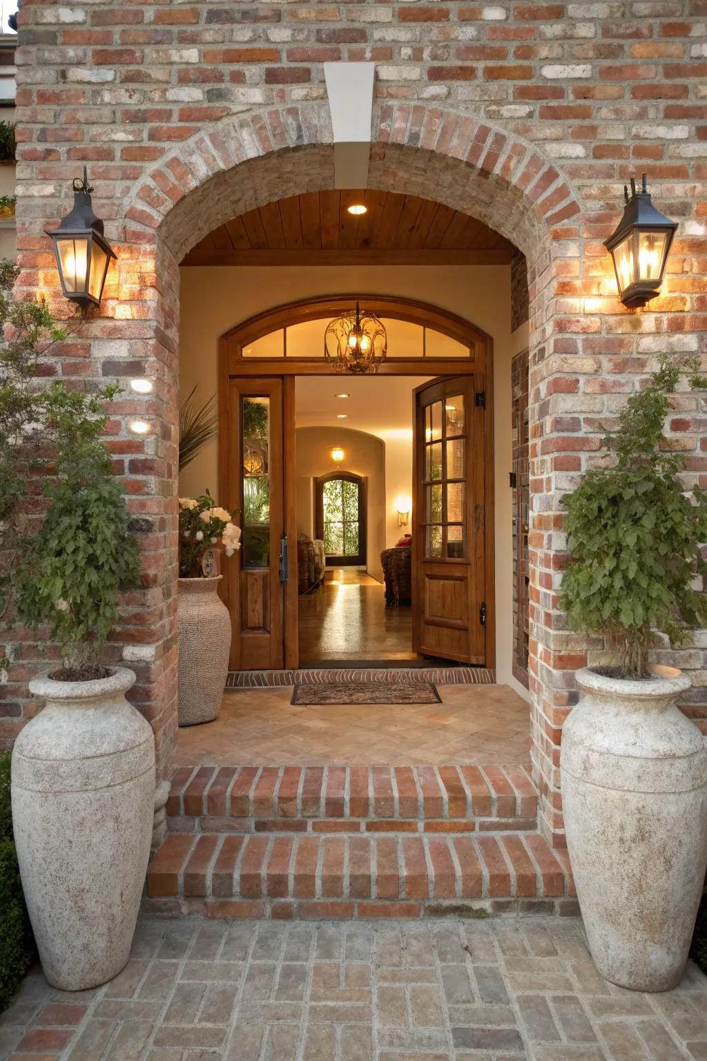 Warm colors complementing the brick entryway.