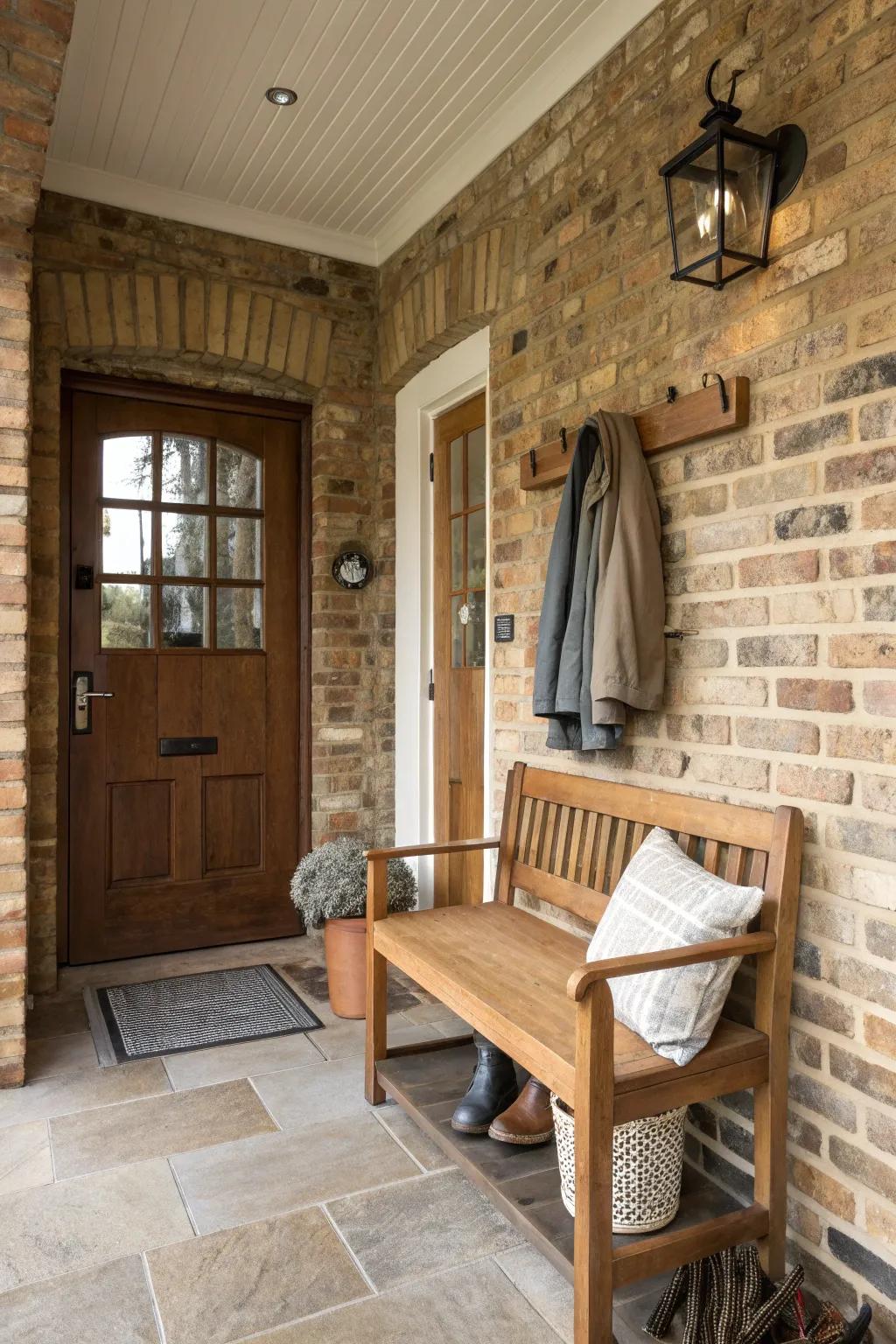 Functional furniture in a brick entryway.
