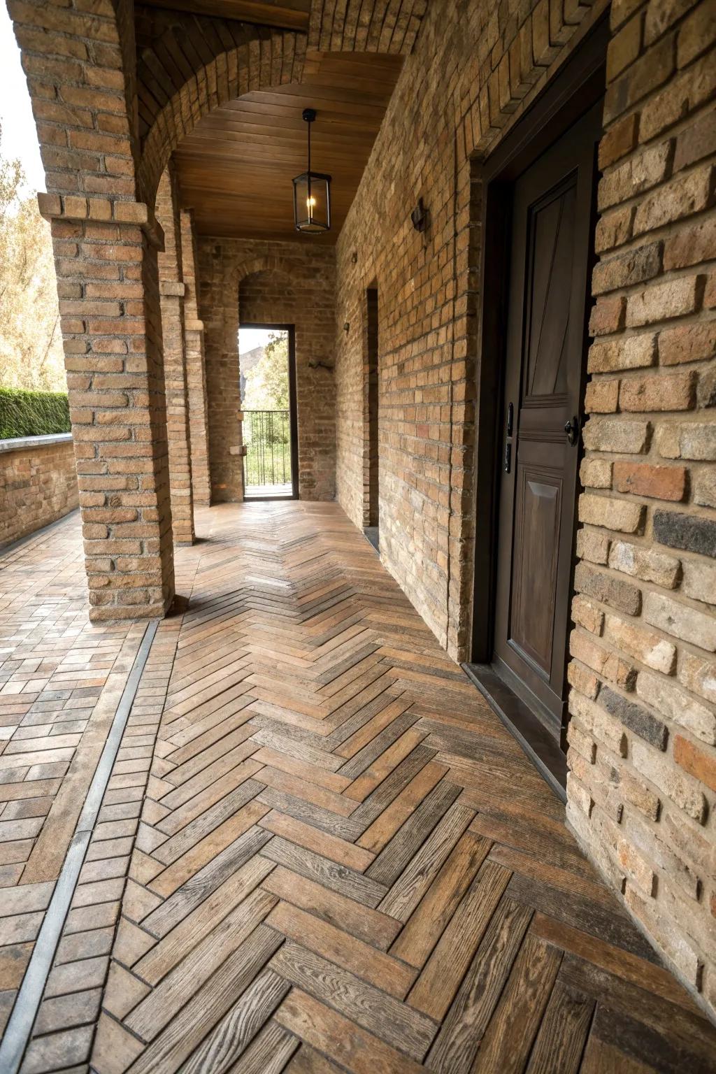Diverse flooring adds depth to a brick entryway.