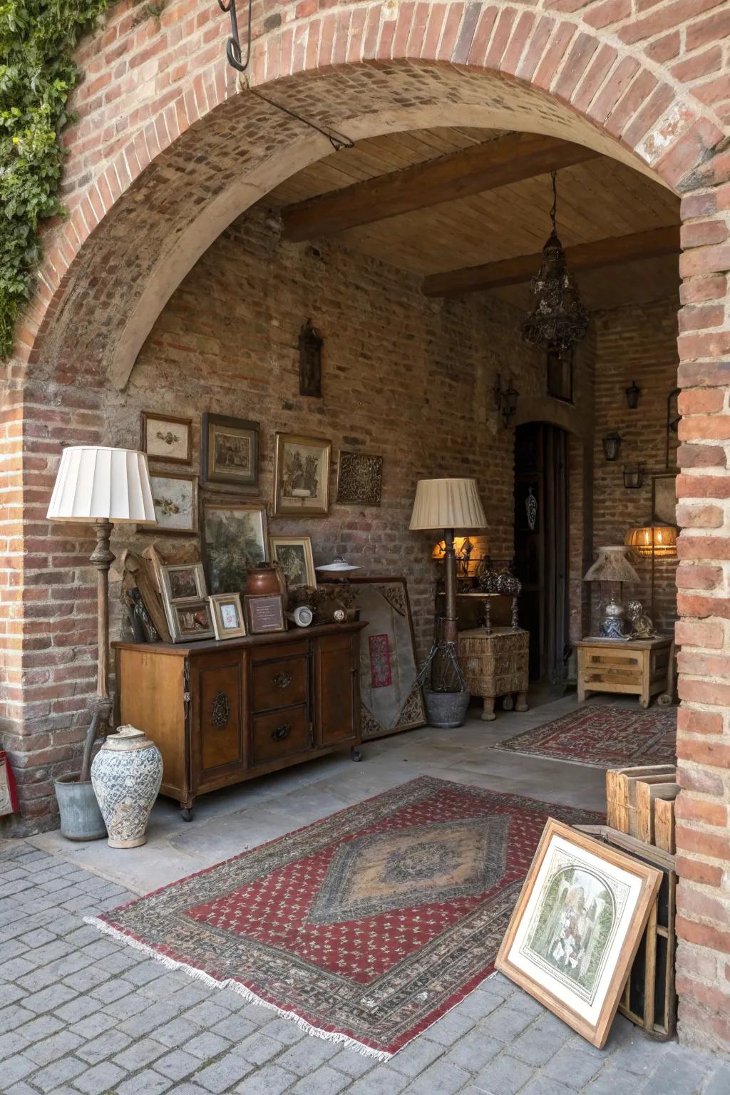 Vintage finds adding charm to a brick entryway.