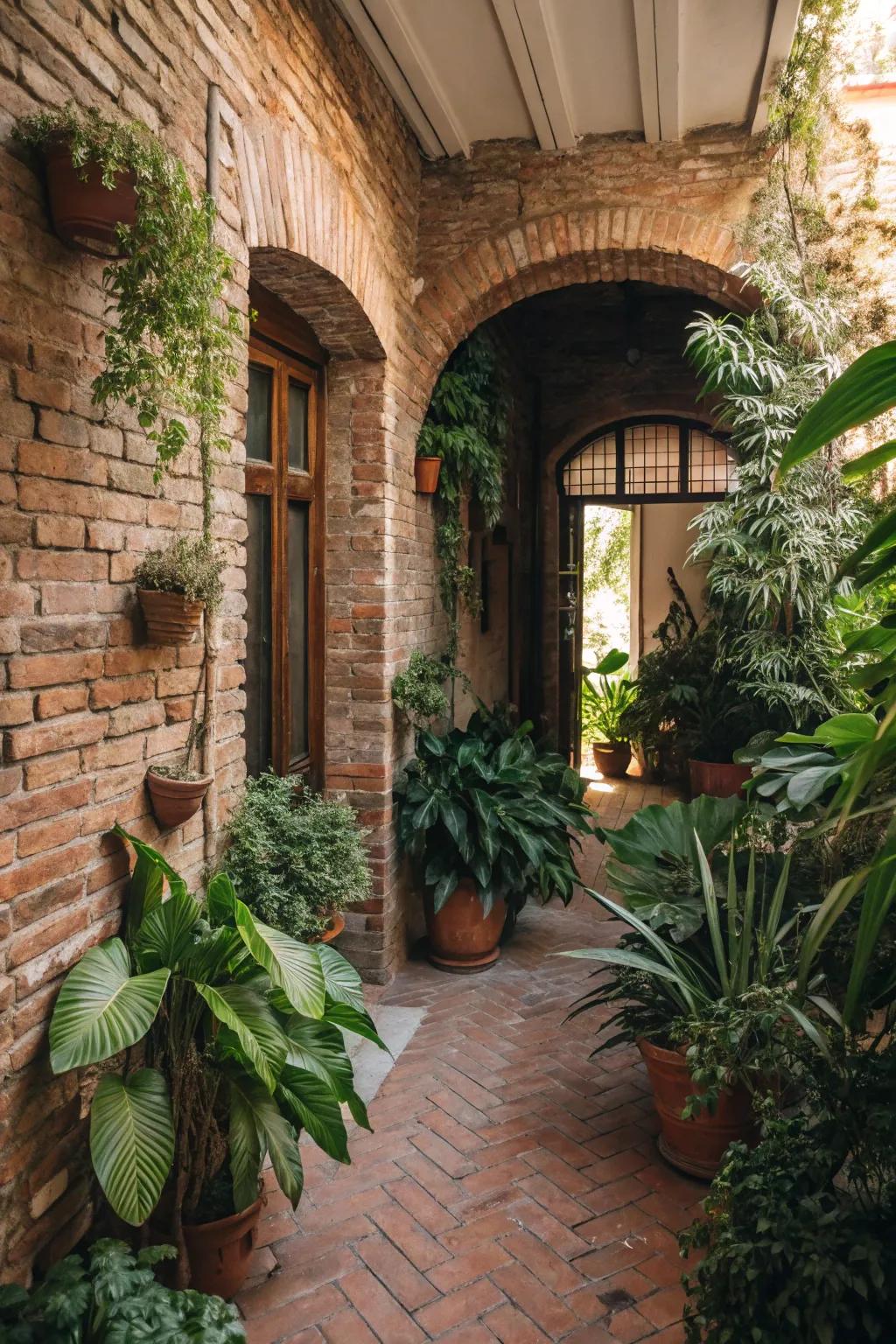 A green oasis in a brick entryway.