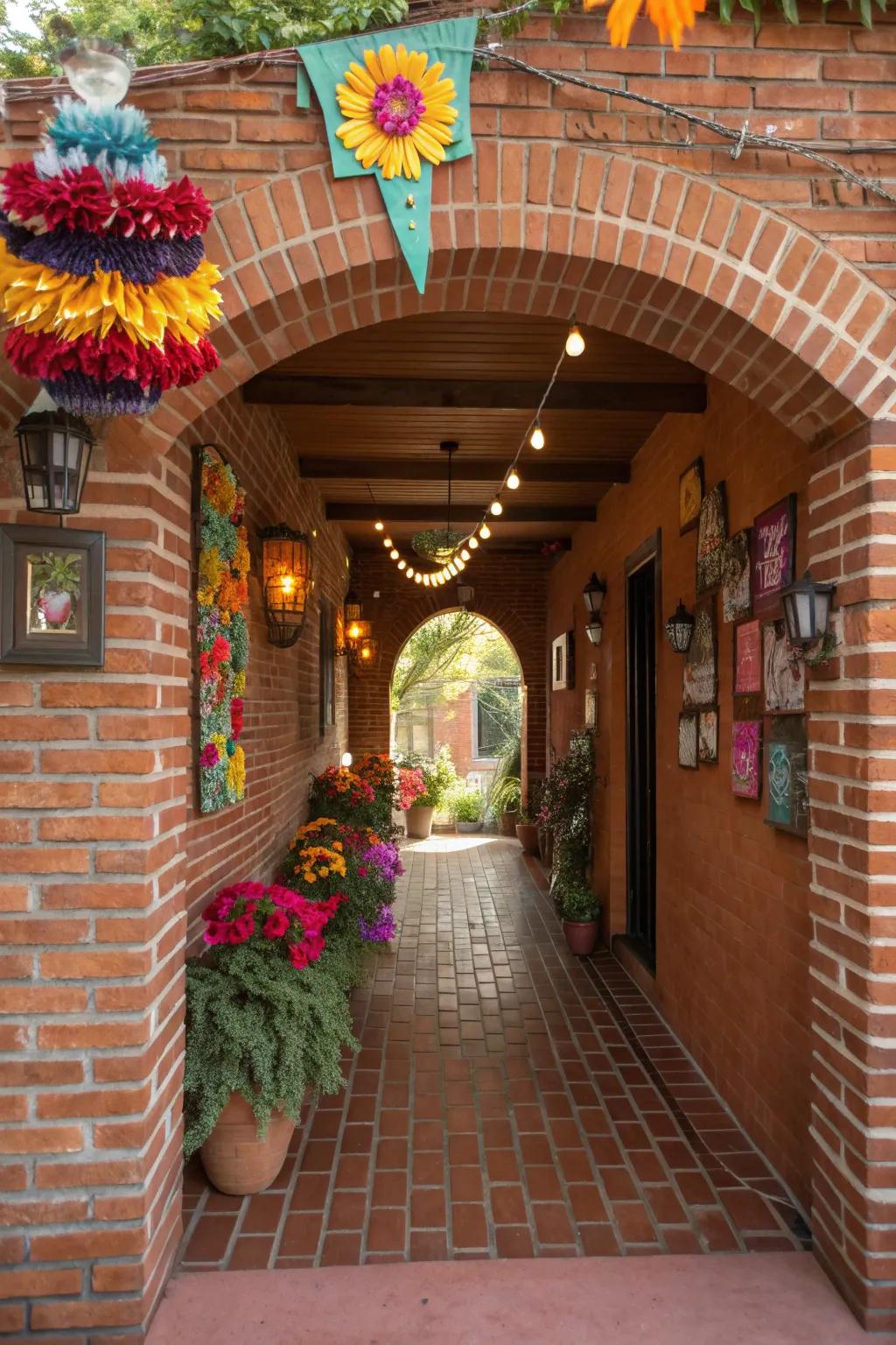 Colorful accents in a brick entryway.