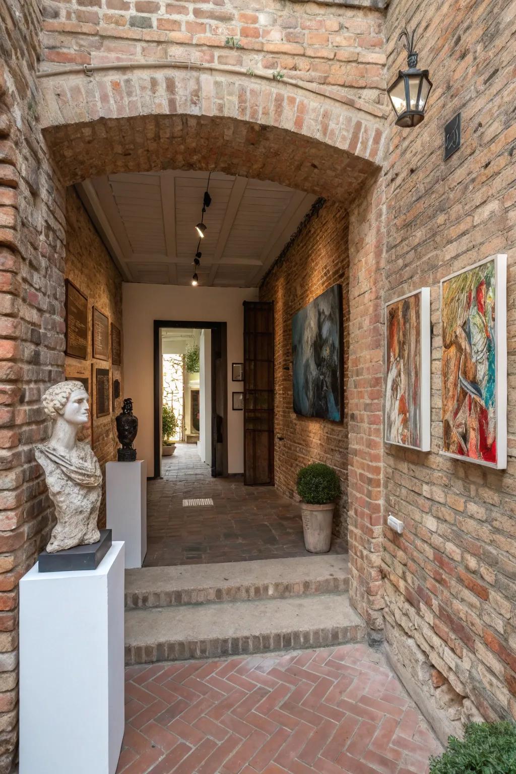 Modern art complementing a brick entryway.