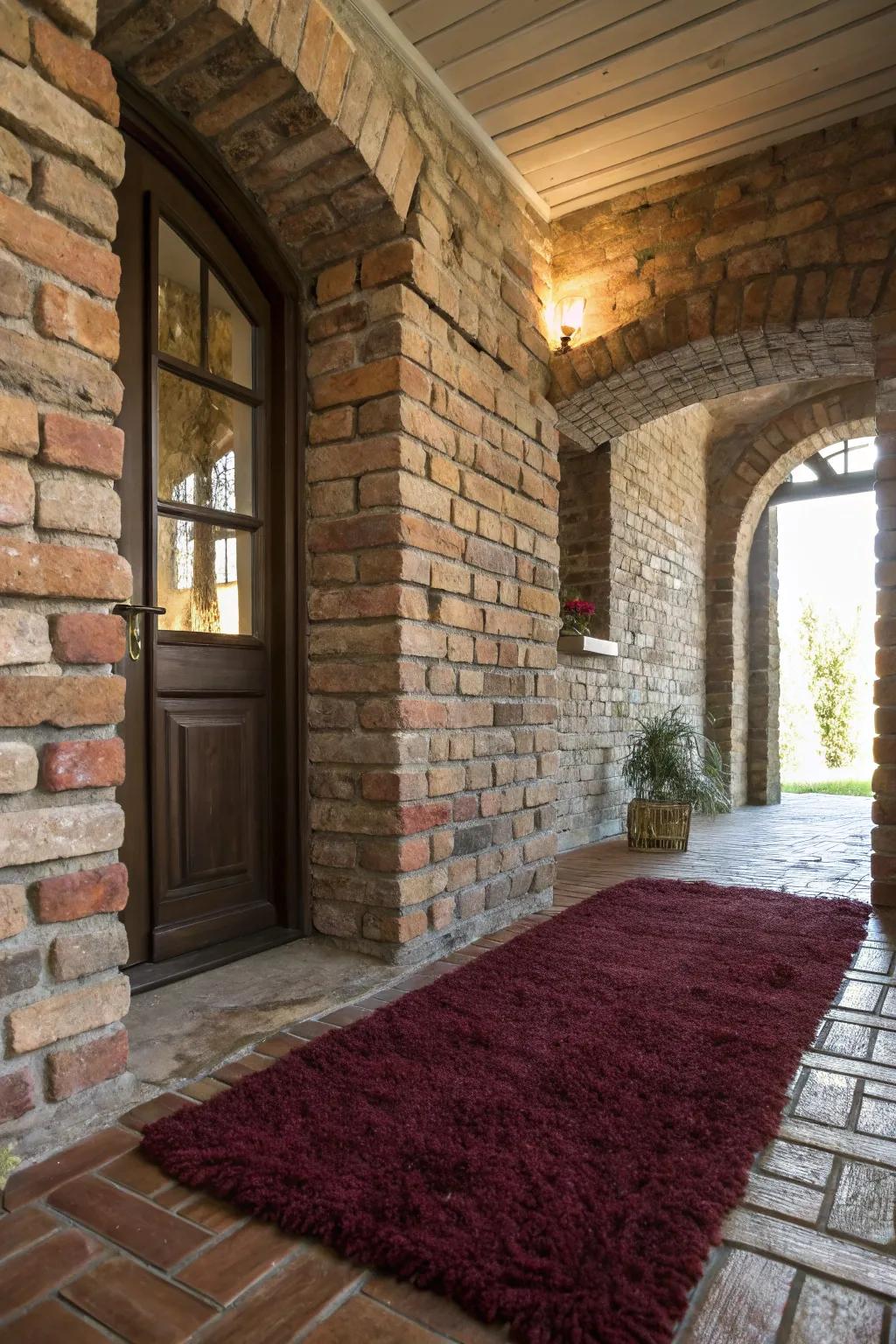 A cozy rug adding warmth to a brick entryway.