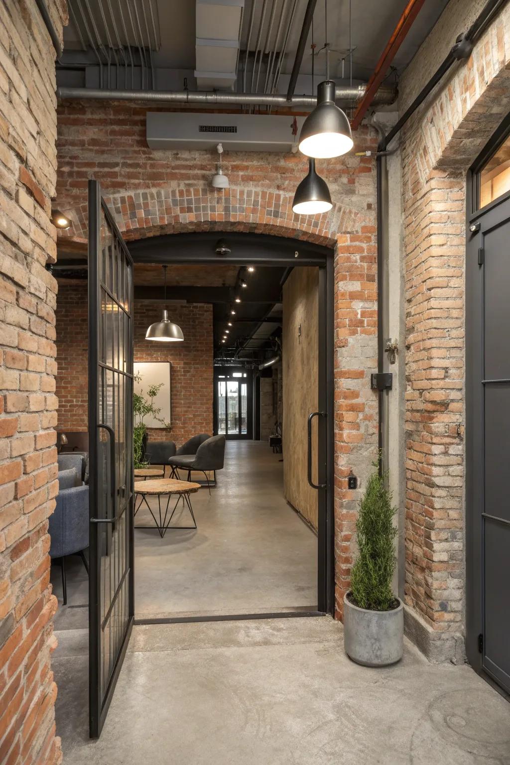 Industrial accents enhancing a brick entryway.