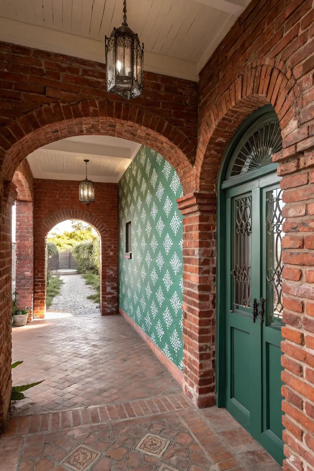 A dramatic feature wall in a brick entryway.