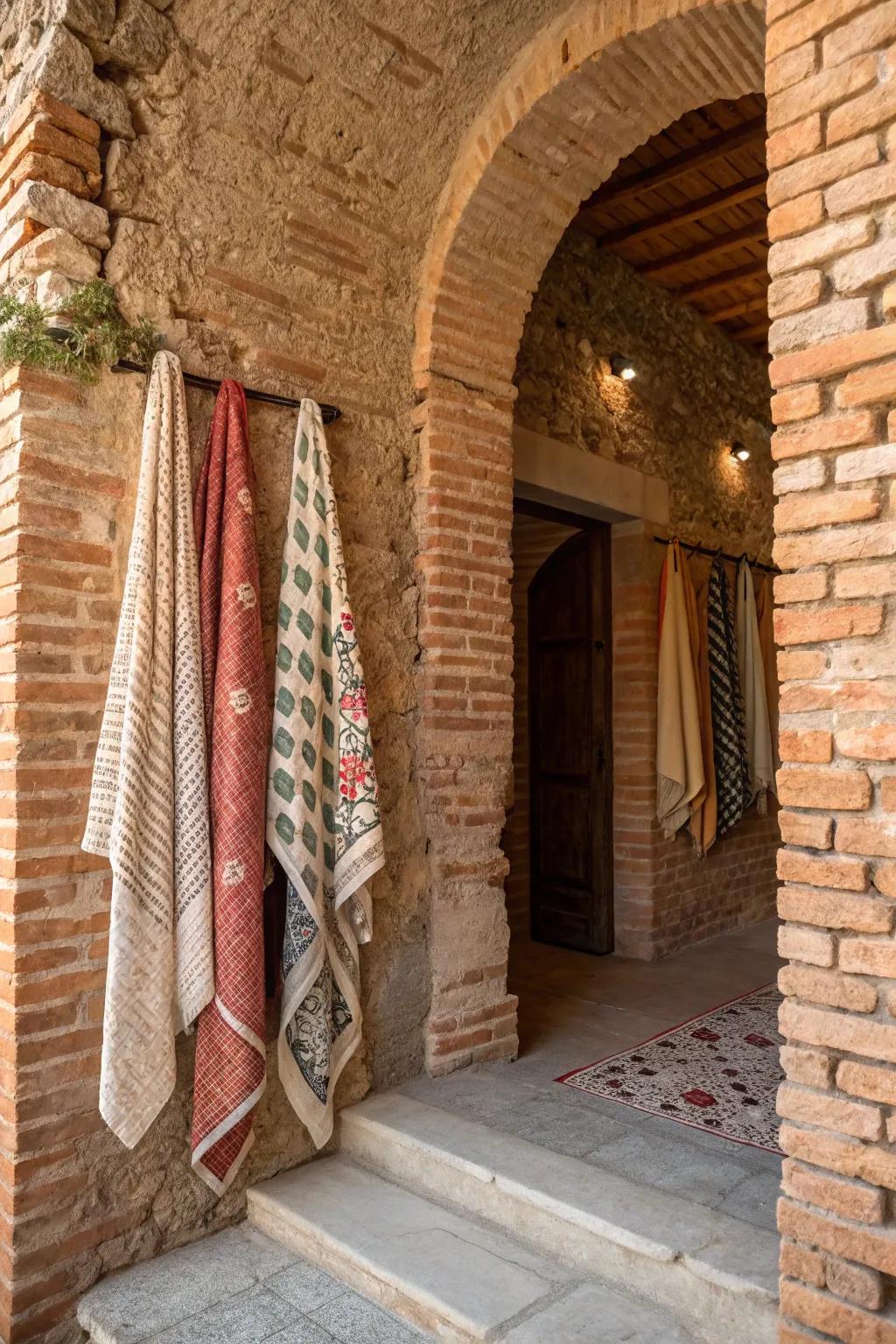 Textiles adding texture to a brick entryway.
