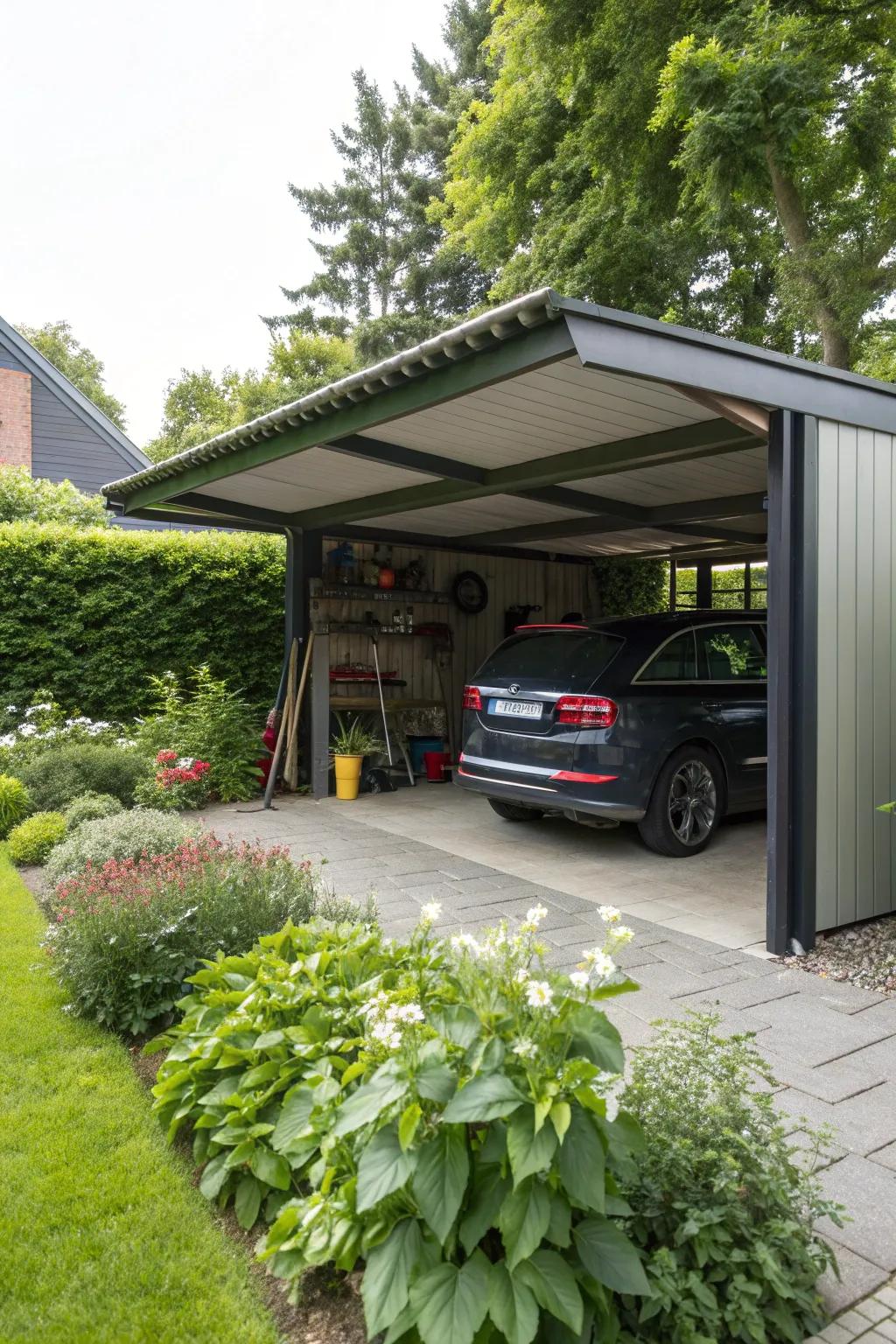 A carport that cleverly hides a tool shed behind its sleek facade.