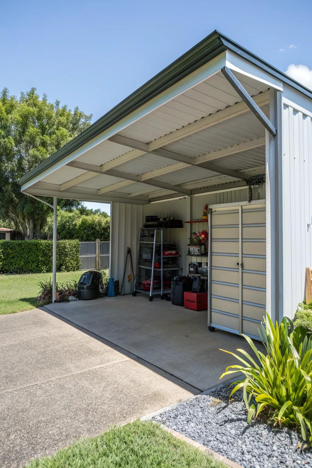 Carport with clever storage solutions integrated into its design.