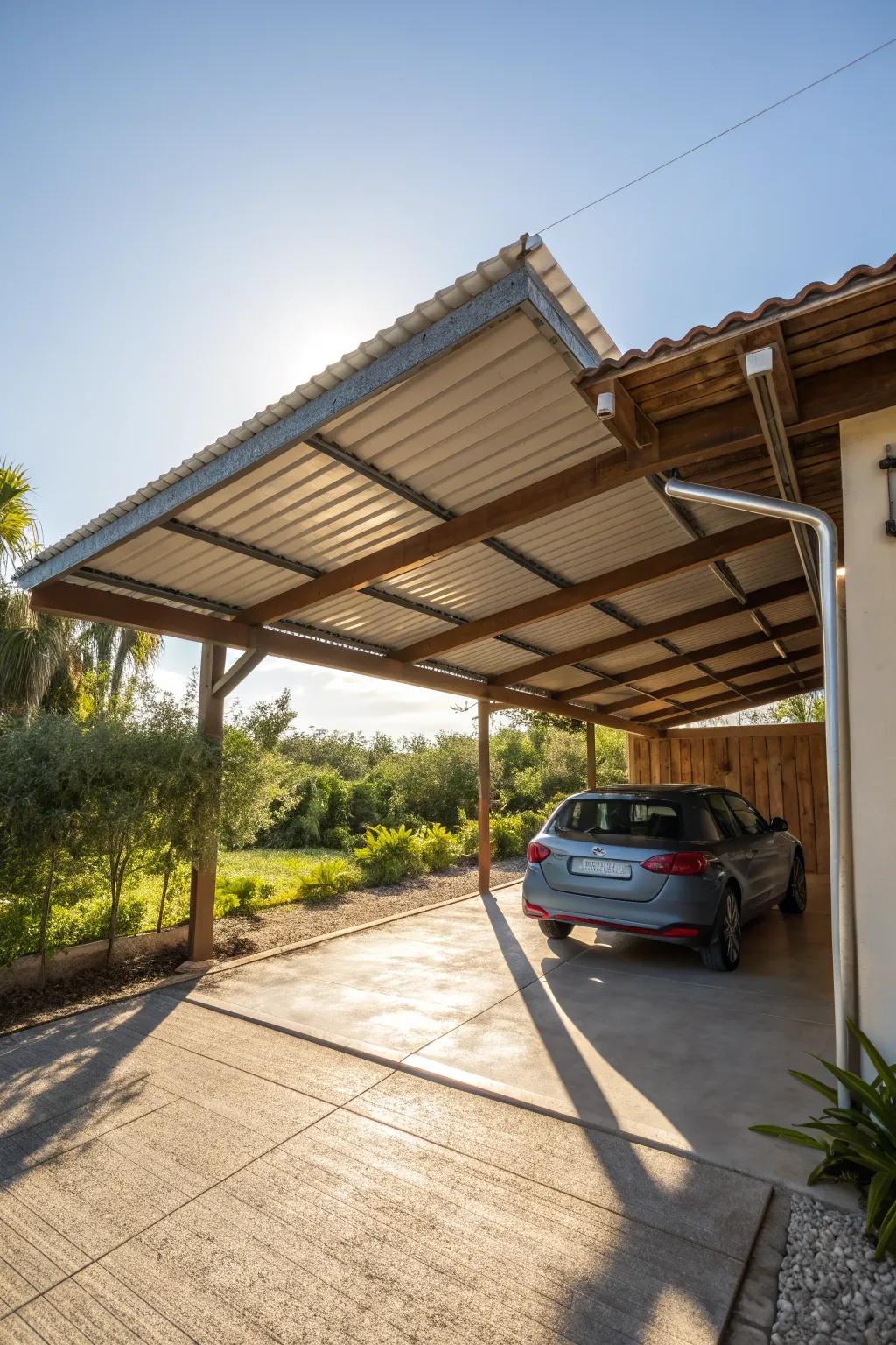 Open-sided carport perfect for easy access and ventilation.