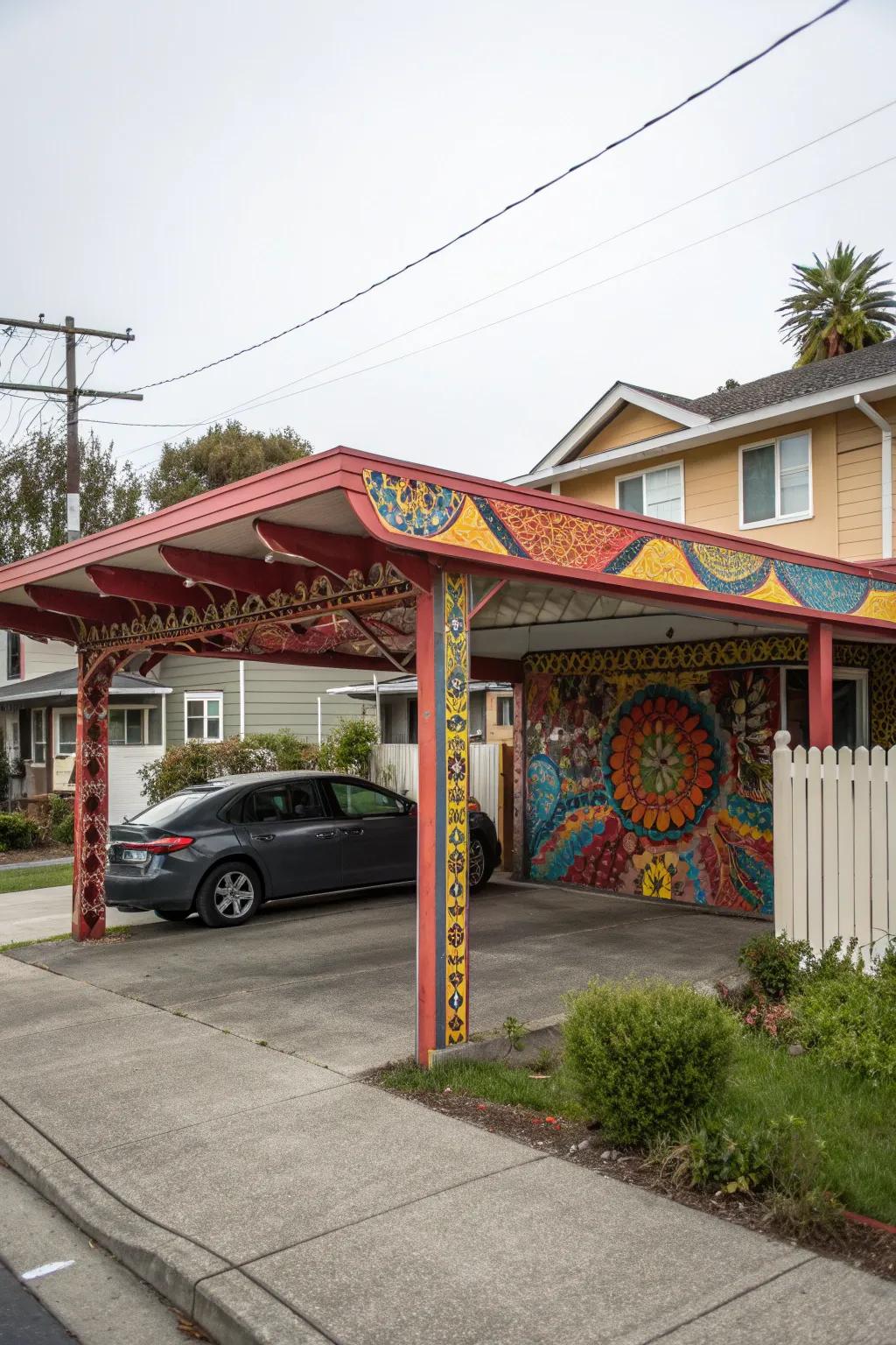 Artistic carport transforming a utilitarian structure into a work of art.