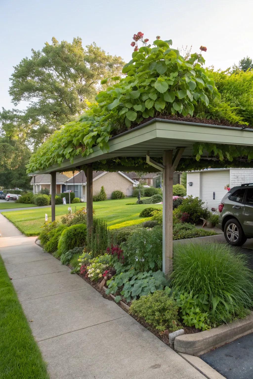 Green roof carport offering beauty and environmental benefits.