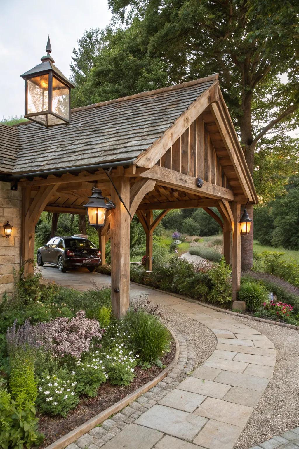 Rustic carport exuding charm with its reclaimed wood and vintage touches.