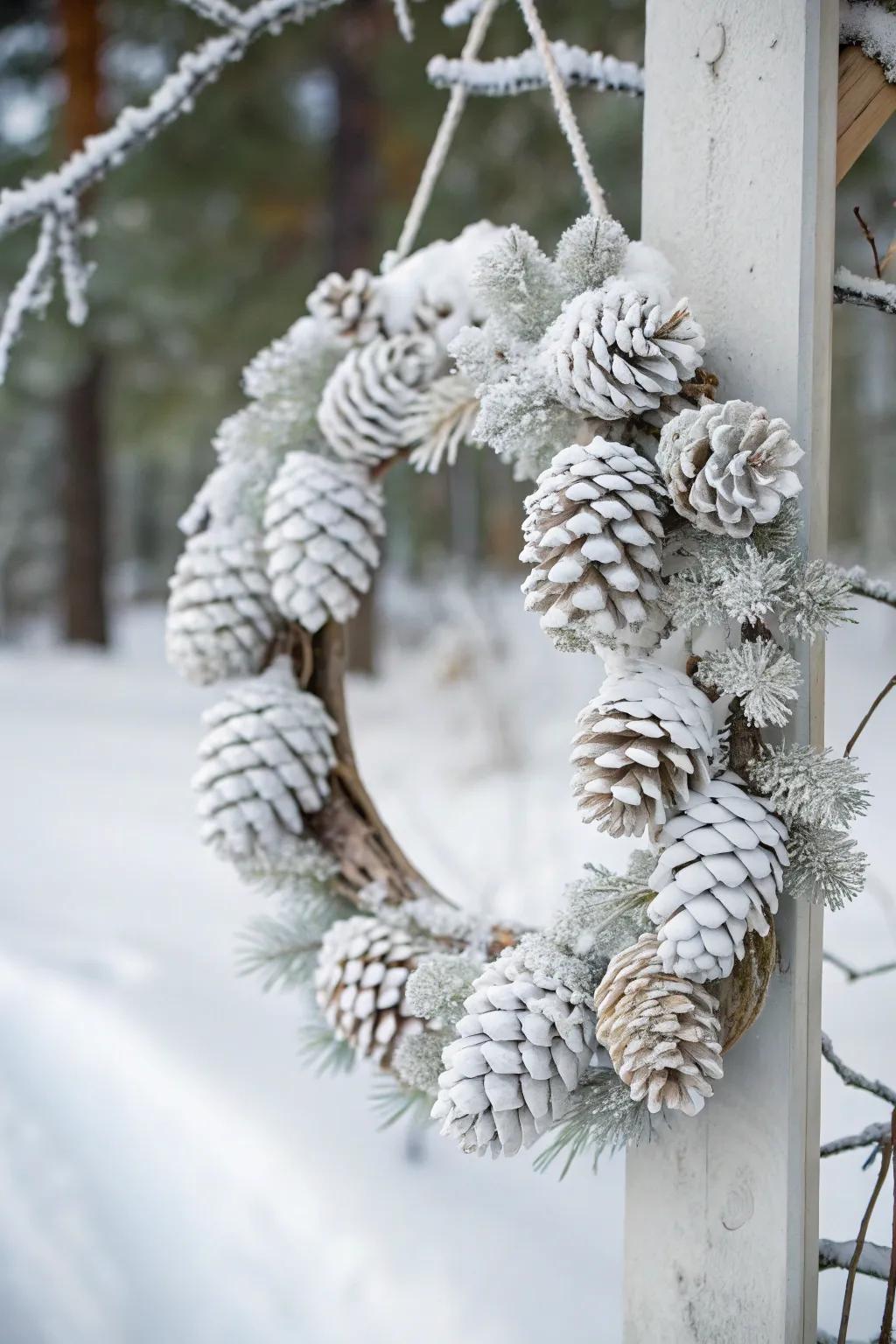 A winter wonderland wreath with white-painted pinecones.