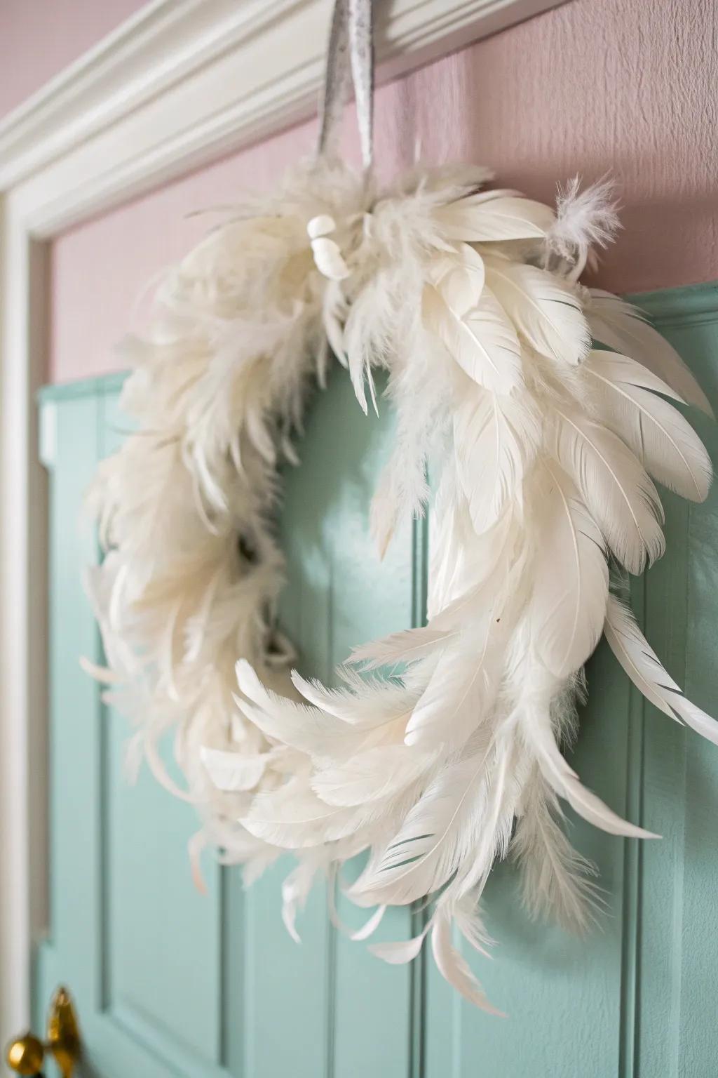 A dreamy white feather wreath adding a touch of whimsy to your decor.