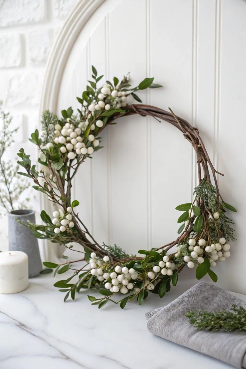 A sleek and minimalist white berry wreath.