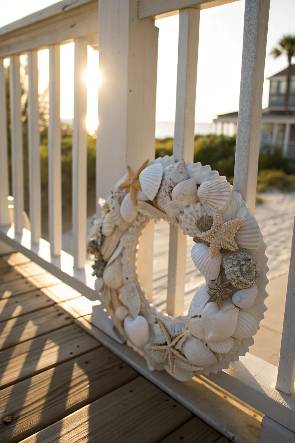 A coastal white seashell wreath, ideal for summer vibes.