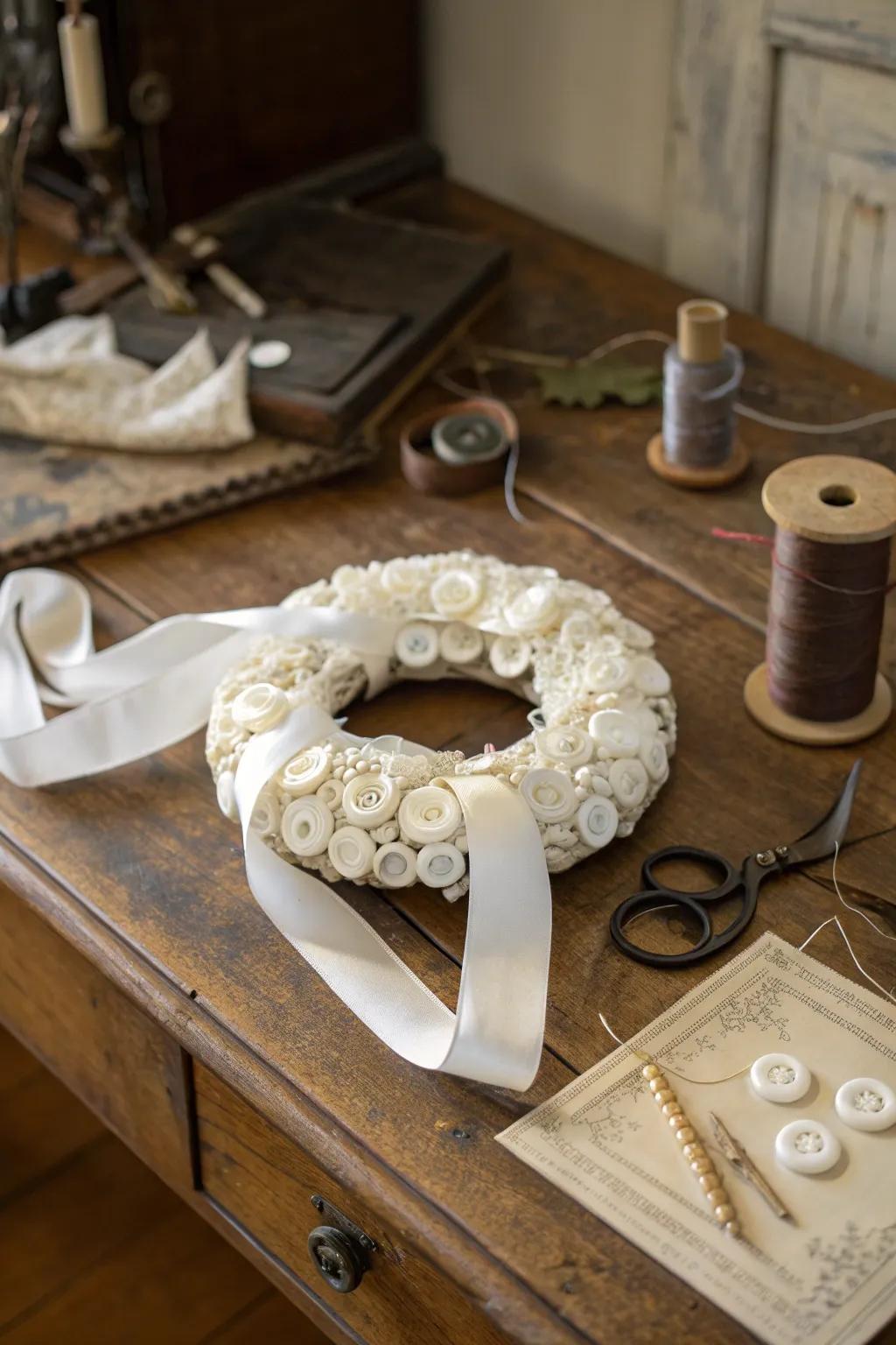 An eclectic wreath made from white buttons and ribbons.