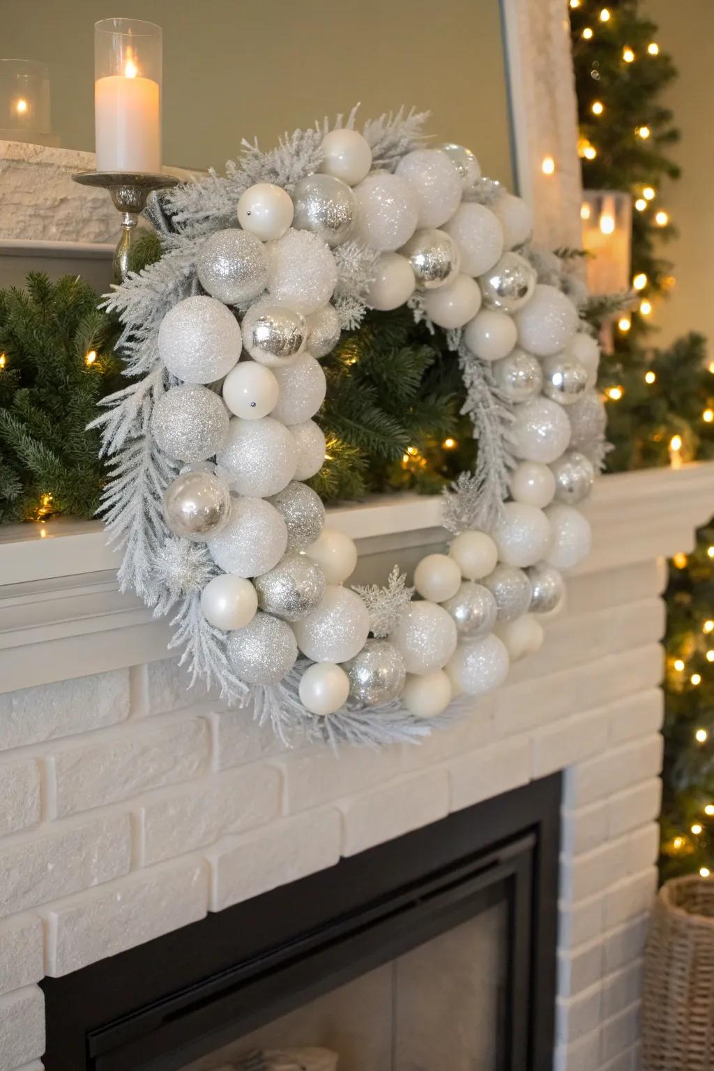 A glimmering white Christmas ornament wreath.