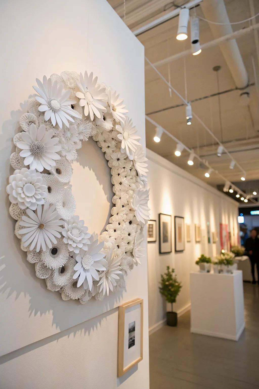 A modern and artistic white paper cone flower wreath.