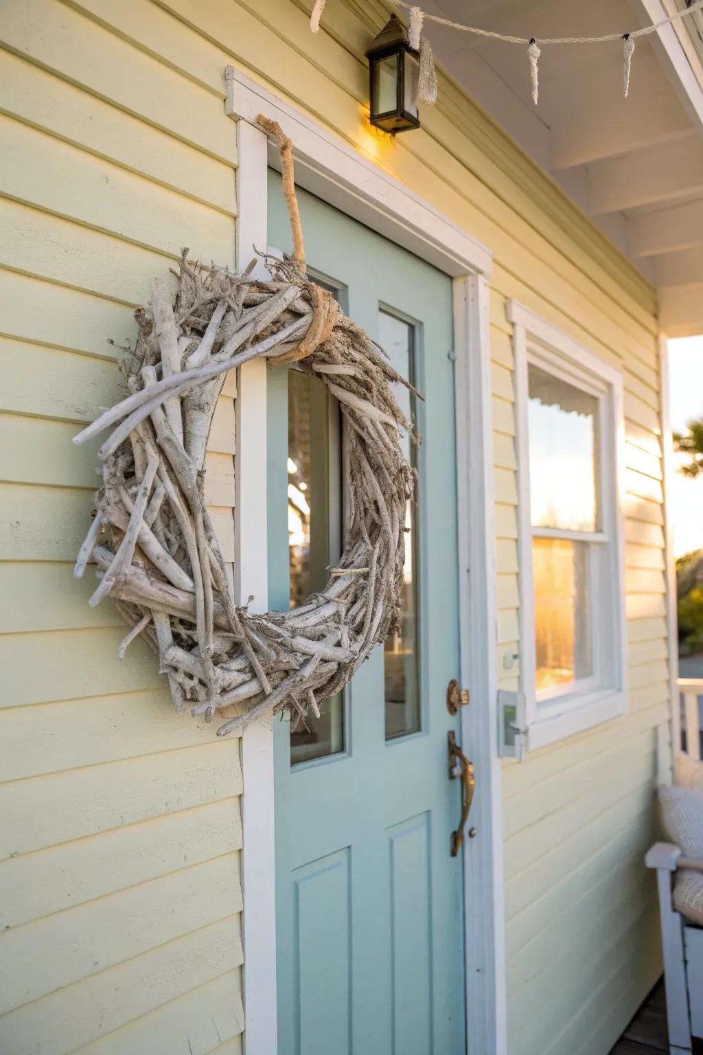 A beachy white driftwood wreath for coastal charm.