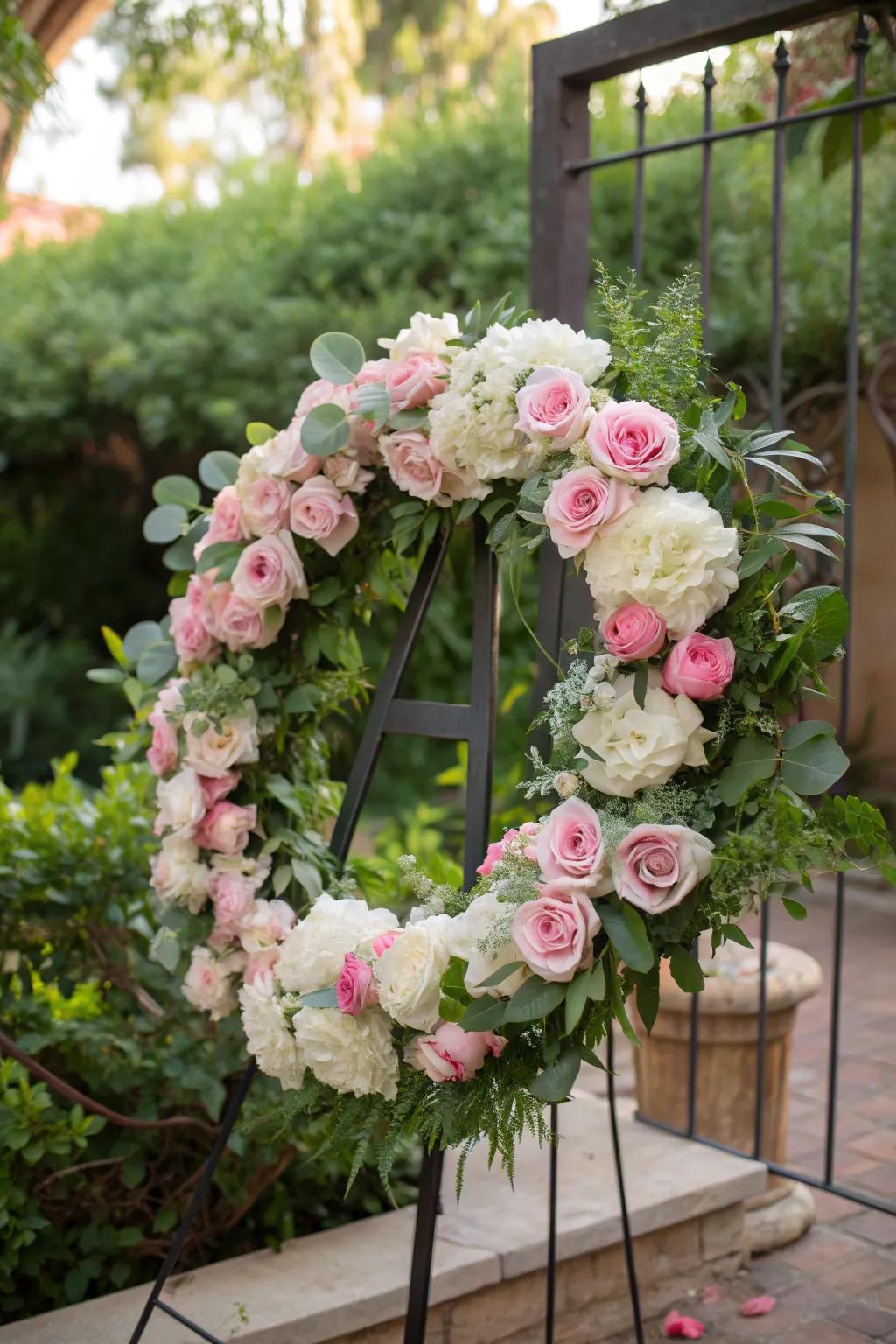 Classic floral wreath with pink roses and peonies.