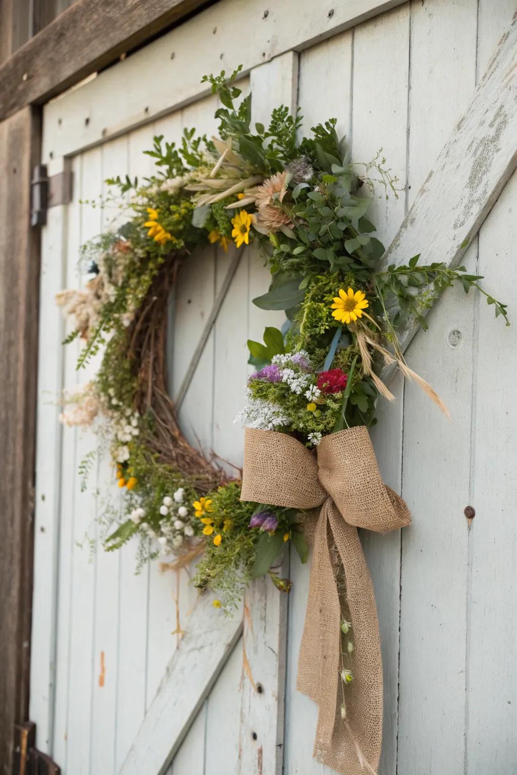 Rustic burlap wreath with wildflowers for a barn wedding.